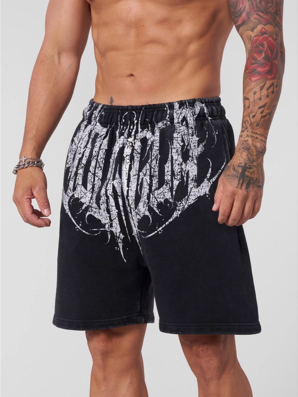 YoungLA Black Shorts with White Cracked Graphic